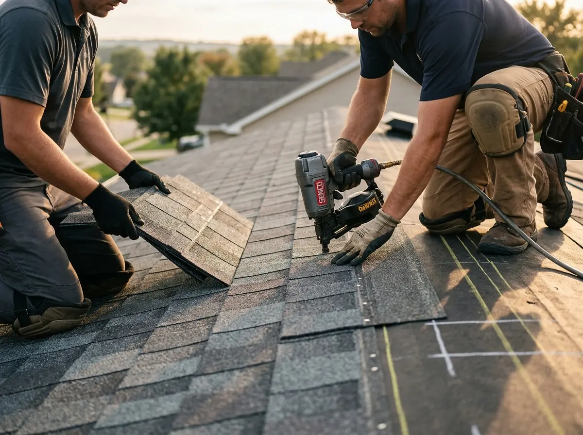 Professional roofer working on a residential roof in Tanglewilde